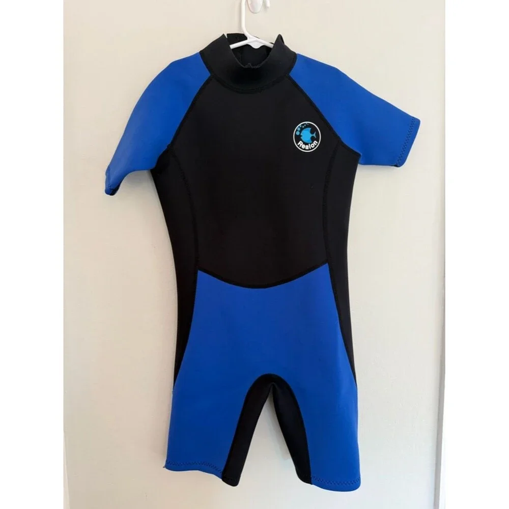 Realon Kids Wetsuit XL Blue Black Shorty Neoprene Surf Swim Back Zip